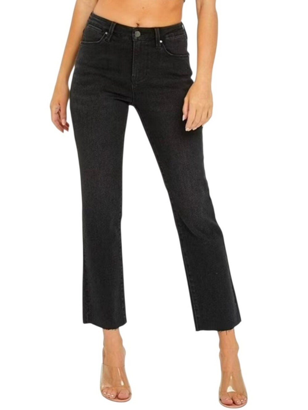 Risen Jeans Mid-Rise Straight Crop Raw Edge Jeans Black Stretch Denim 29 9